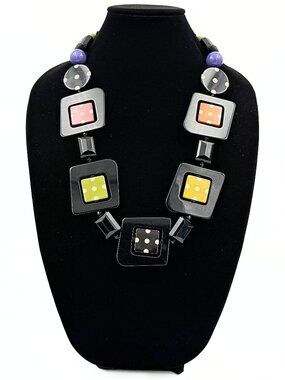 Angela Caputi Designer Signed Italy Black Geometric Acrylic French Necklace